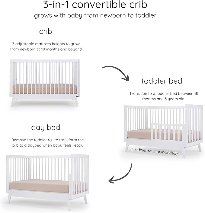 dadada Baby Soho 3 in 1 Convertible Wooden Crib to Toddler Bed - Made in Italy, GREENGUARD Gold Certified, Baby-Safe Finish, Sustainable Beech Wood, Modern Design, 3 Adjustable Heights (White)