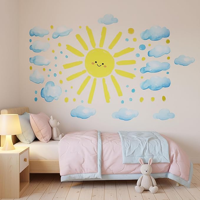 Large Watercolor Sun Cloud Wall Stickers Decals, Vibrant Easy Peel Stick Lovely Smile Face Design for Nursery Classroom Kids Room Playroom Toddler Church Daycare Decor