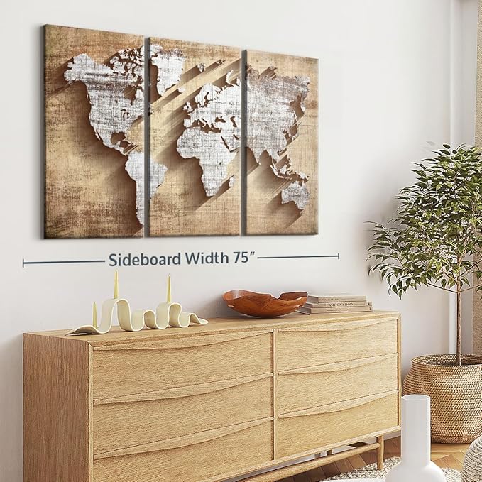 ElephantStock Dimensional World Map II Multi Piece Canvas - 3 Piece Canvas World Map Wall Decor - Wall Decor - Ready-to-Hang Print - Vintage Wall Art - 65" X 42"