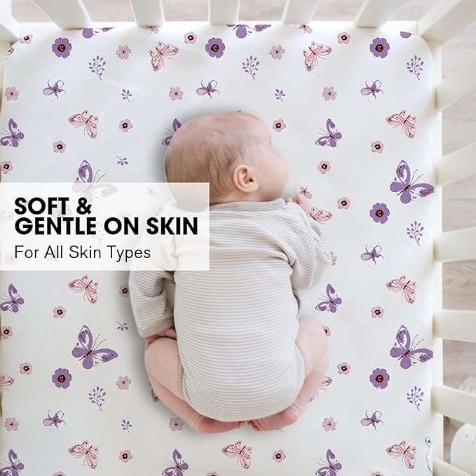 Little Grape Land Crib Sheets for Boys and Girls, 2pk Baby Crib Fitted Sheet for Standard Size Crib and Toddler Mattress, Super Soft Baby Sheet (Purple Butterfly)