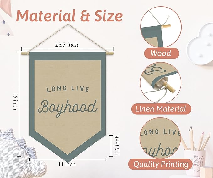 Boys Room Decor, Long Live Boyhood Linen Canvas Banner, Boy Nursery Wall Hanging Pennant Flag Banner for Boys Kids Toddler Room Bedroom Playroom Decor, 15x11in - Blue