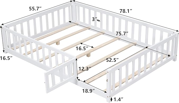 Full Size Floor Platform Bed with Fence and Lockable Door, Wood Montessori Bed Frame with Slat Support for Kids,Girls,Boys, Easy to Assemble,White