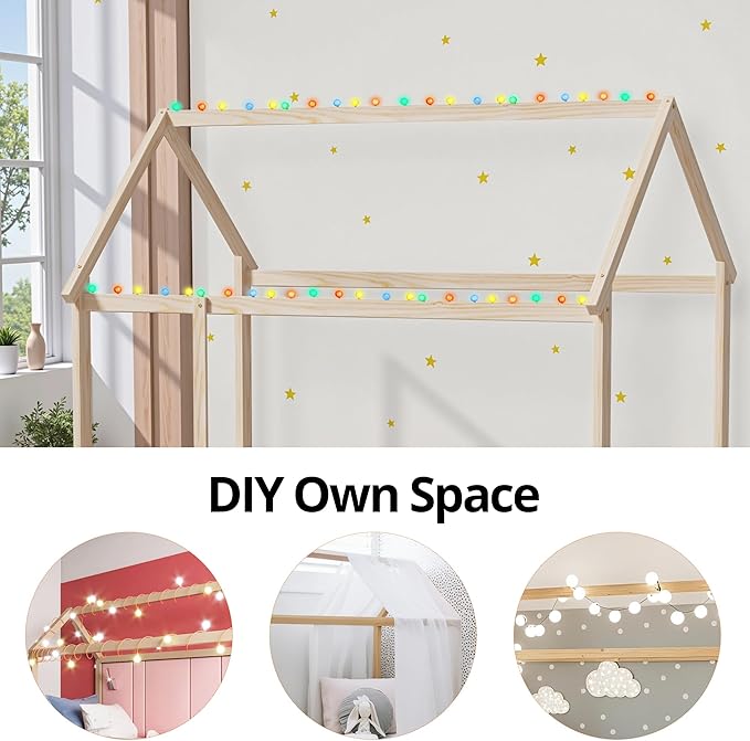 LLS Twin Montessori Bed Frame, Wooden House Bed with Fence and Roof, Floor Bed for Boys Girls Bedroom, Natural