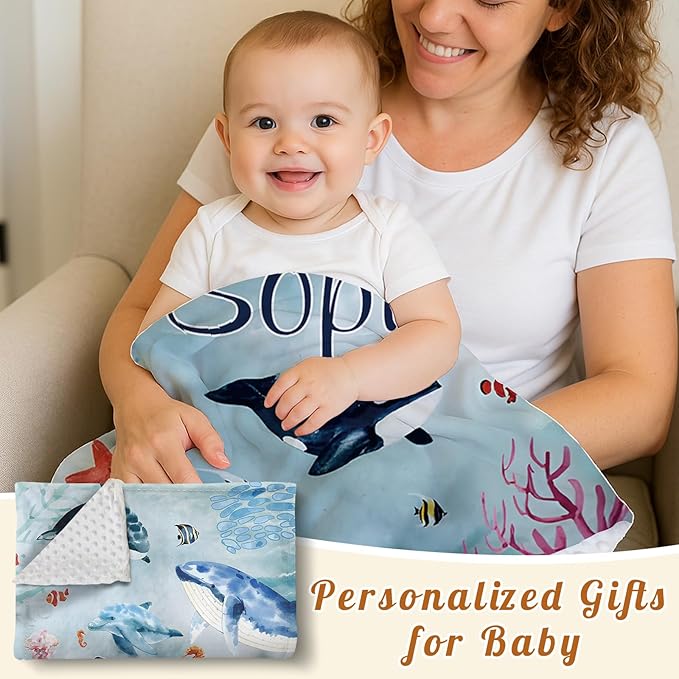 Custom Baby Blanket - Ocean Animals Theme Personalized Name Blanket for Boys Girls, Soft Infant Toddler Blanket with Whale and Dolphin, Customizable Nursery Bedding (60" x80)