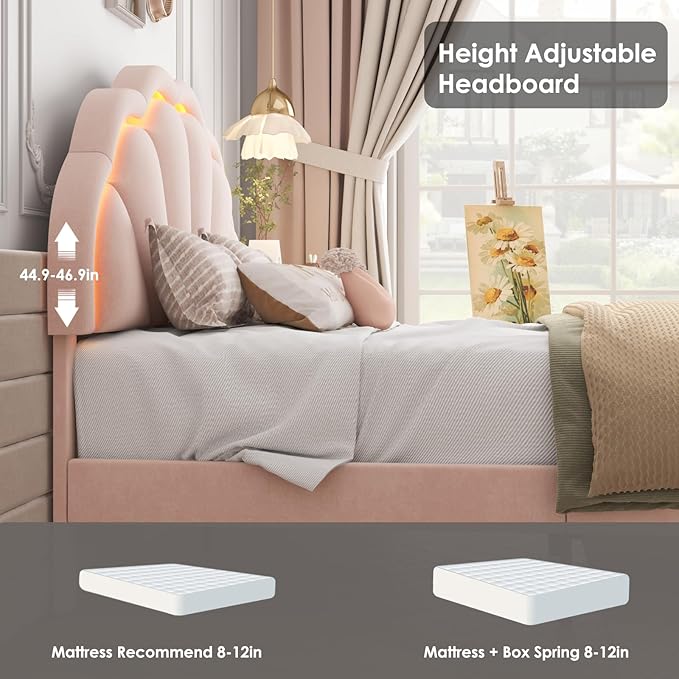 HIFIT Full Upholstered Smart LED Bed Frame with Adjustable Chic Petal Headboard, Princess Full Size Platform Bed Frames for Kids/Girls, Wooden Slats Support, No Box Spring Needed, Easy Assembly, Pink
