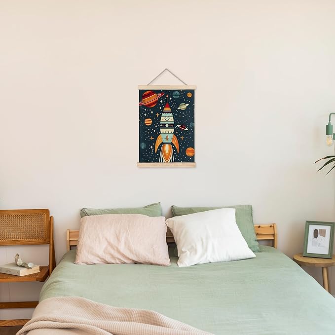URLLUAE Rocket Ship Space Wall Art Posters for Kids Room, Colorful Outer Space Planet Poster Hanger Frame for Boys Bedroom Classroom Nursery Playroom Wall Decor, 12x16 Inch