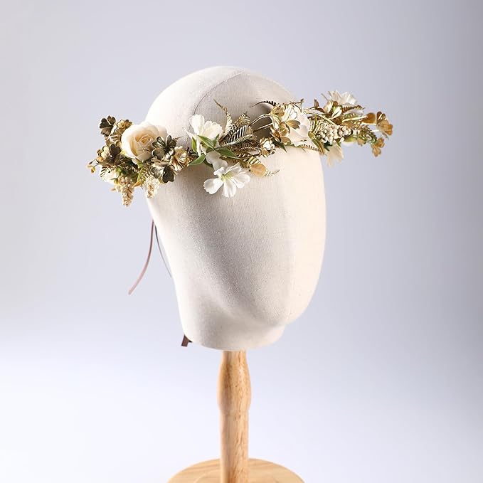 Vintage Rose Flower Crown - Golden Leaves White Classic Flower Headband Fairy Elegant Floral Headpiece for Women Girls Christmas Mucic Festivals Photo Prop