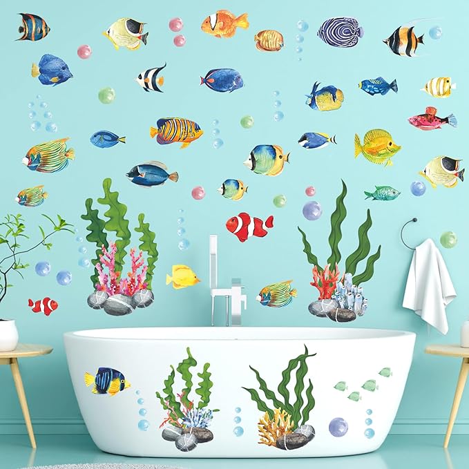 60 Pieces Under The Sea Wall Decals, Ocean Fish Large Coral Reef Seaweed Removable Stickers for Kids Baby Boys Bedroom Nursery Living Room Toddler, Peel and Stick Underwater Sea Stickers