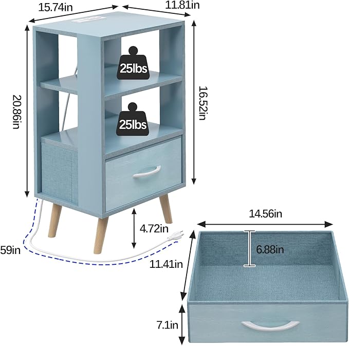 Night Stand with Charging Station, Blue Kids Nightstand with Drawer, 3-Tier Nursery Bedside Table with USB Ports and Outlets, End Table for Small Space, Living Room, Bedroom