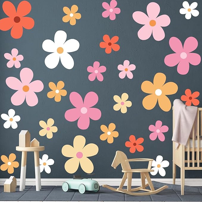 TaoBary 12 Sheets Daisy Wall Decal Flower Wall Sticker Cute Daisy Sticker Pink White Flower Decal Peel and Stick Floral Wallpaper for Nursery Bedroom Home Decor(Bright Color,Elegant Style)