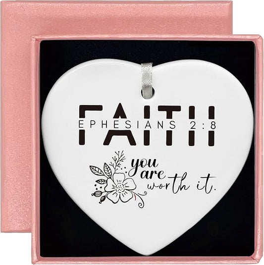 Heart Shaped Christmas Ornament-Christian Scripture Bible Verse Decor-Inspirational Faith Gift for Women Her-Affirmation Quote You are Worth It-Ceramic Ornament Religious Home Keepsake