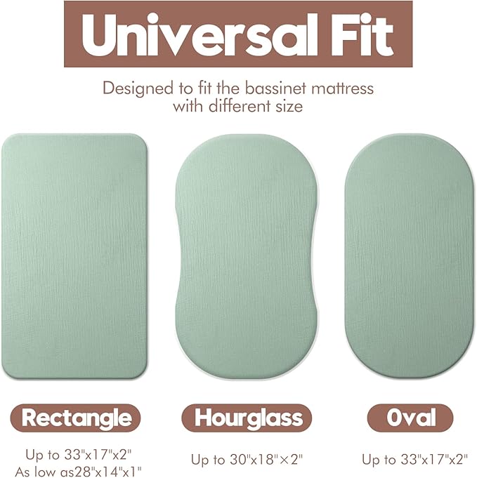 Muslin Bassinet Sheets for Baby Boy Girl,Breathable Baby Bassinet Sheets Fitted for Bassinet,Oval Rectangle,Hourglass,Bassinet Mattress/Pad,Soft Cotton 2 Pack