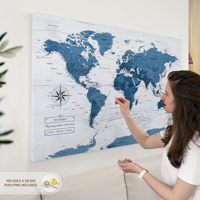 ElephantStock - My World Push Pin Map IV Wall Art - Horizontal Canvas Wall Art - Living Room Wall Decor - Unique Map Canvas Art - Blue And Decor - 48" x 32"