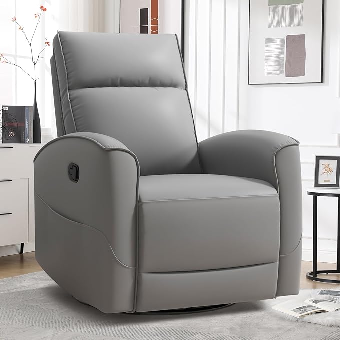Swivel Rocker Recliner Chair, Manual Faux Leather Glider Rocking Recliners for Adults, 360° Swivel Nursery Reclining Sofa with Storage Pocket