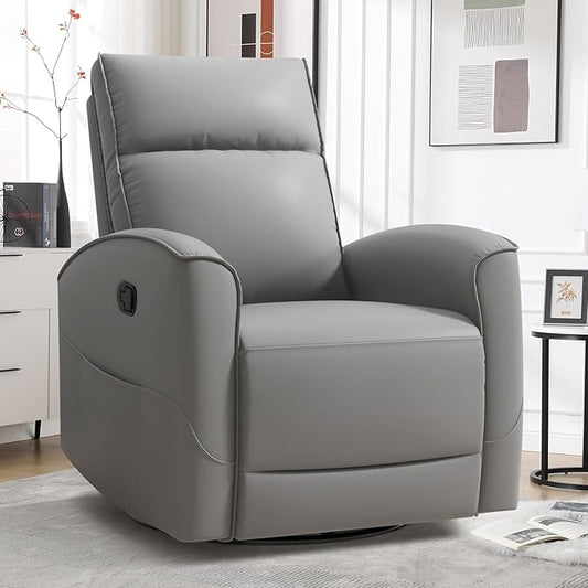Swivel Rocker Recliner Chair, Manual Faux Leather Glider Rocking Recliners for Adults, 360° Swivel Nursery Reclining Sofa with Storage Pocket