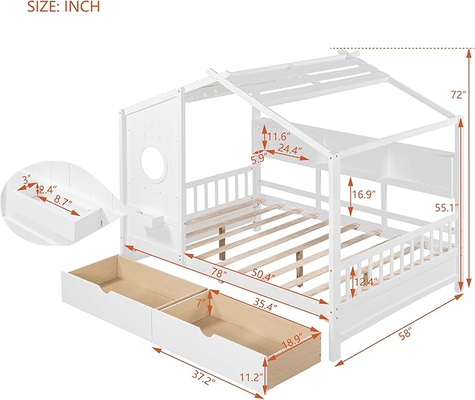 Bellemave Full Size House Bed with 2 Storage Drawers,Full Kids Bed with Storage Shelves,Wooden House Bed Frame for Girls,Boys,Can be Decorated,White