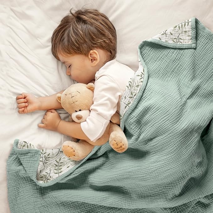 lulumoon Baby Muslin Blanket Neutral: Skin-Friendly Leaf Toddler Blanket - Ideal for Stroller 47"× 47" (Green Branches)