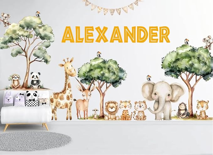Personalized Safari Name Wall Decal for Kids Room – Custom Woodland Animal Nursery Wall Stickers – Jungle Themed Vinyl Wall Art – Giraffe Elephant Lion Baby Room Decor – Boys Girls Bedroom Mural