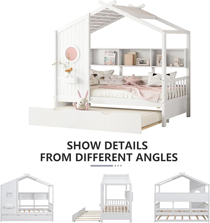Twin Bed Frames for Kids, House Bed with Trundle and Shelves, Wood Playhouse Platform Bed Frame with Window and Fence for Boys Girls, White, 74.4" L x 42.7" W x 72" H