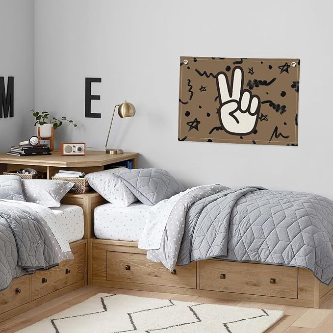 Boys Room Playroom Nursery Decor, Peace Hand Linen Banner Wall Hanging Flag, Retro Preppy Boys Gifts for Boy Room Dorm Decor 20x30