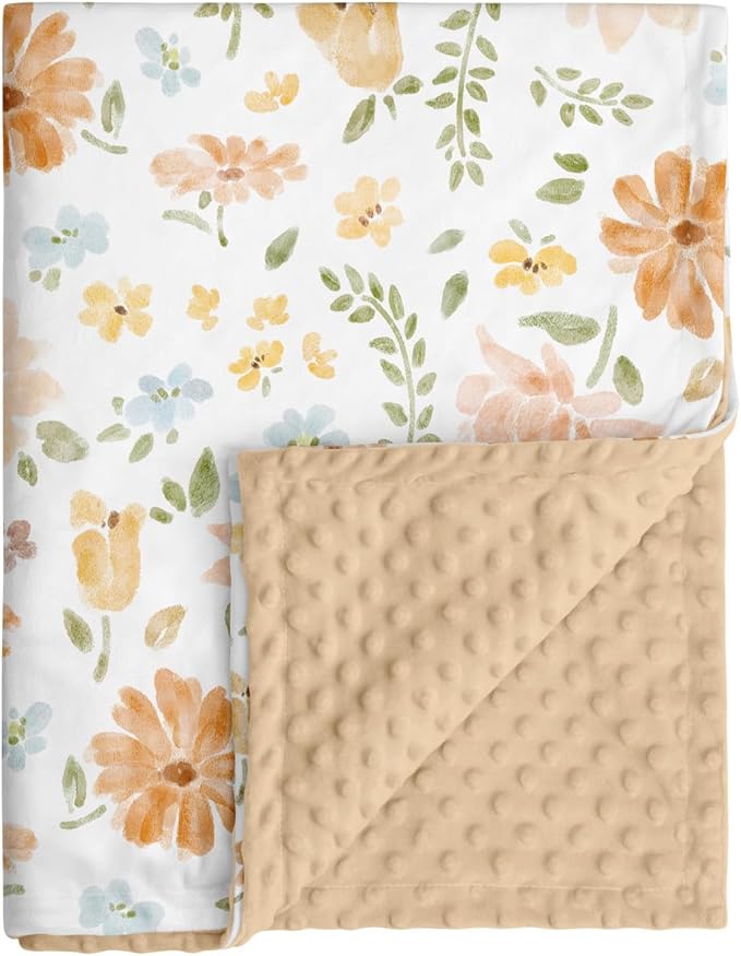Baby Blanket for Girls, Soft Cozy Nursery Minky Blanket with Double Layer Dotted Backing for Infant Toddler in Crib Stroller, Cute Floral Orange Blanket, 30x40 Inches