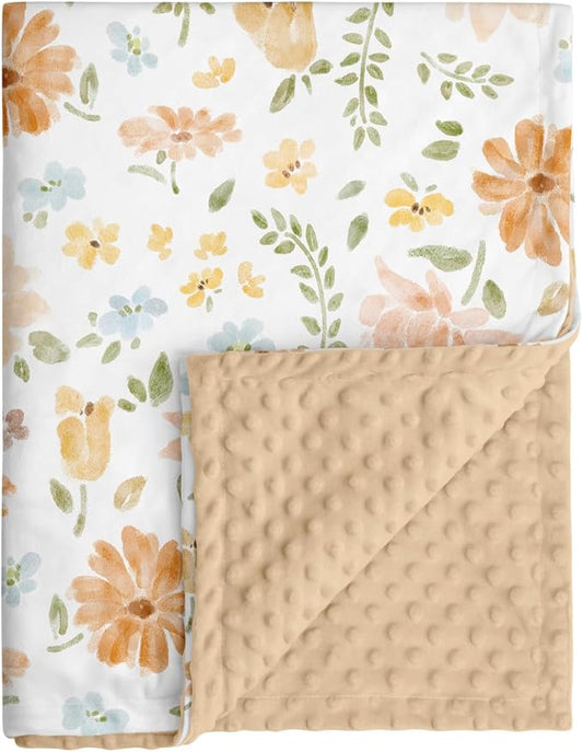 Baby Blanket for Girls, Soft Cozy Nursery Minky Blanket with Double Layer Dotted Backing for Infant Toddler in Crib Stroller, Cute Floral Orange Blanket, 30x40 Inches