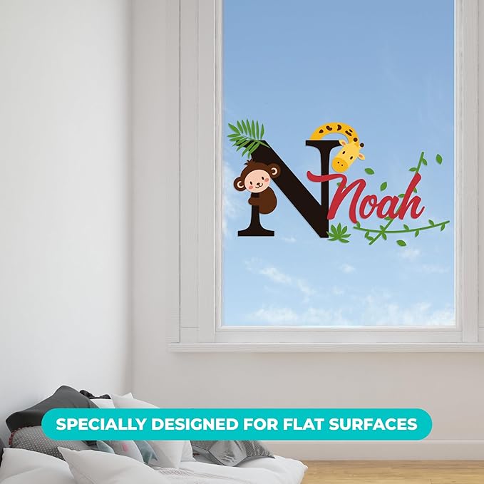 e-Graphic Design Inc Personalized Monkey & Giraffe Wall Stickers for Baby Girl or Boy I Custom Name & Initial for Nursery Wall Decor I Multiple Sizes and Colors Options (Wide 32" x 18" Height)