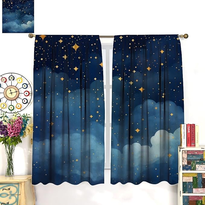 Night Sky Stars Curtain for Kids, Blue Starry Space Galaxy Pattern Window Treatments for Boys Girls Bedroom Toddlers Room Living Room 72" W X 63" L