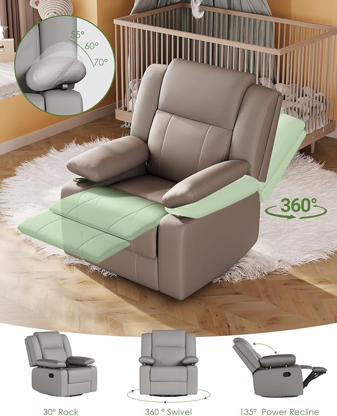 AILEEKISS Rocking Chair Nursery Swivel Recliner Glider Chair with Adjustable Armrests,Headrest Rocker Nursing Chair for Breastfeeding Comfy Upholstered Living Room Reclining Chairs for Bedroom(Grey)