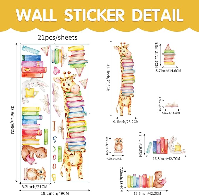 Animals Reading Books Wall Decals Watercolor Large Giraffe Bear Rabbit Owl Read Books Wall Stickers for Kids Bedroom Nursery Playroom Classroom Library Reading Corner Decoration