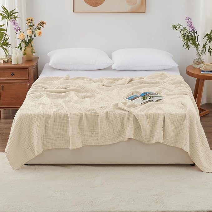 Love's cabin 6 Layer 100% Cotton Muslin Blanket, 90"x90" Muslin Blanket Queen for Couch Bed, Lightweight and Breathable Cotton Gauze for Adult, Beige
