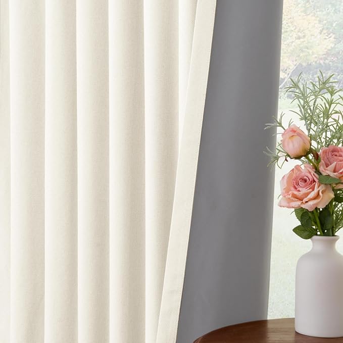 INOVADAY 100% Blackout Curtains for Bedroom, Black Out Curtains 72 Inch Long, Clip Rings Linen Blackout Drapes, Thermal Insulated Room Darkening for Living Room, 2 Panels - Lightcream,W50xL72
