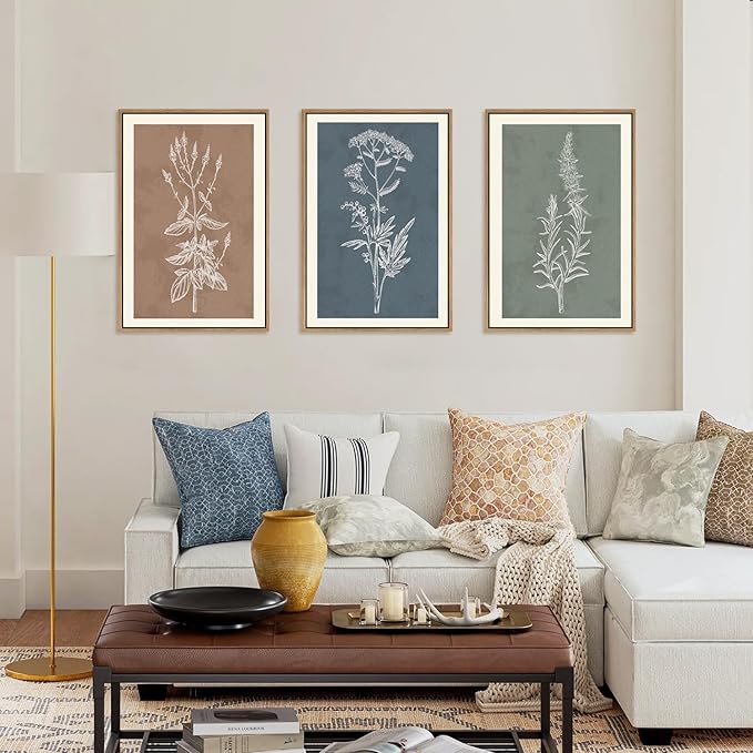 HLNIUC Neutral Botanical Framed Wall Art Set, Boho Minimalist Plant Canvas Wall Decor, Vintage Leaf Wall Painting, Nature Floral Silhouette Art Print for Bedroom, Living Room, Study - 16”x24”x3