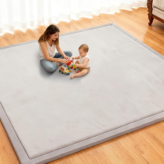Baby Play Mat for Floor, 50'' x 50'' Thicken Foam Soft Padded Playmat for Tummy Time, Playpen Mat for Toddlers, Water-Repellent Coral Velvet, Non-slip Bottom Safe for Crawling (Light Grey)