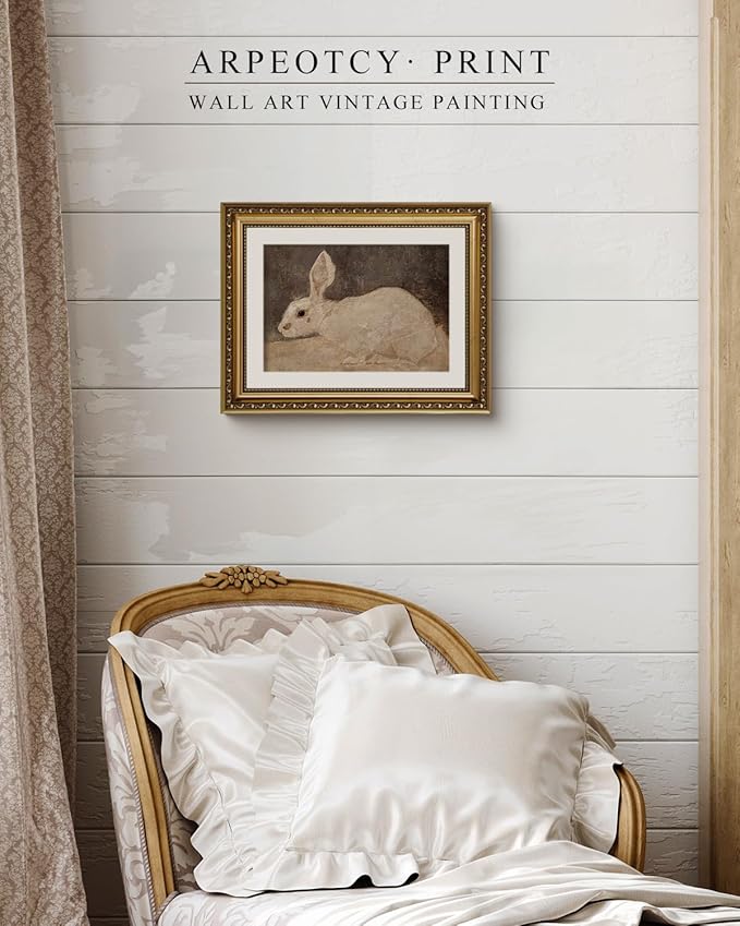 ARPEOTCY Vintage Gold Framed Wall Art, Easter White Rabbit Paintings, Aesthetic Canvas Picture Prints Artwork with Frame, Classical Victorian Wall Decor for Living Room Bathroom Bedroom 11x14 inch