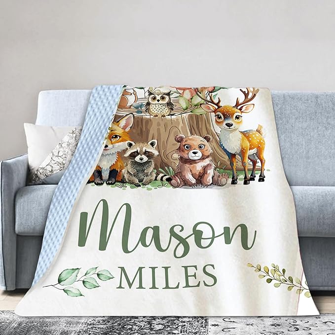 Personalized Baby Blankets for Boys Girls, Custom Name Animal Stump Design Baby Blanket, Soft Receiving Blanket for Newborns and Toddlers, Ideal for Baby Showers and Nursery Decor