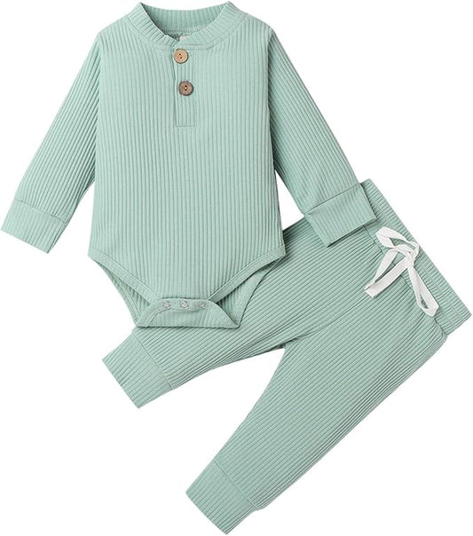 Newborn Baby Boy Girl Clothes Ribbed Knitted Cotton Long Sleeve Romper Long Pants Solid Color Fall Winter Outfits
