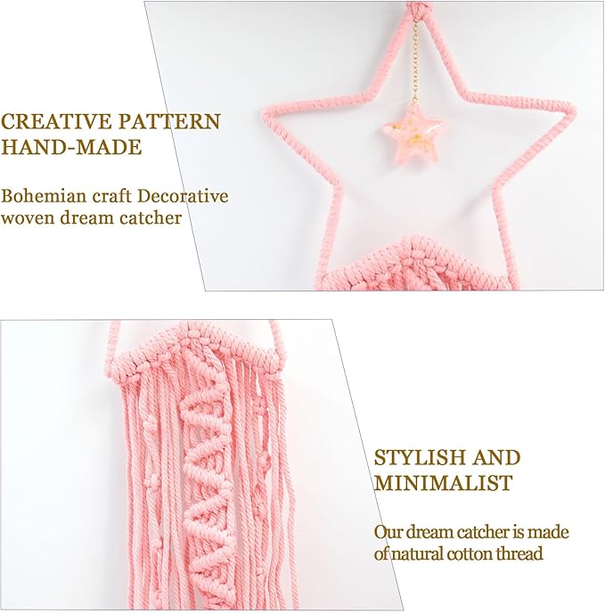 Moon Star Dream Catcher Decor,2pcs Boho Home Moon Star Dreamcatcher,Macrame Wall Hanging Boho Home Decor for Kids Baby Bedroom Decoration for Women Girls Craft Pink