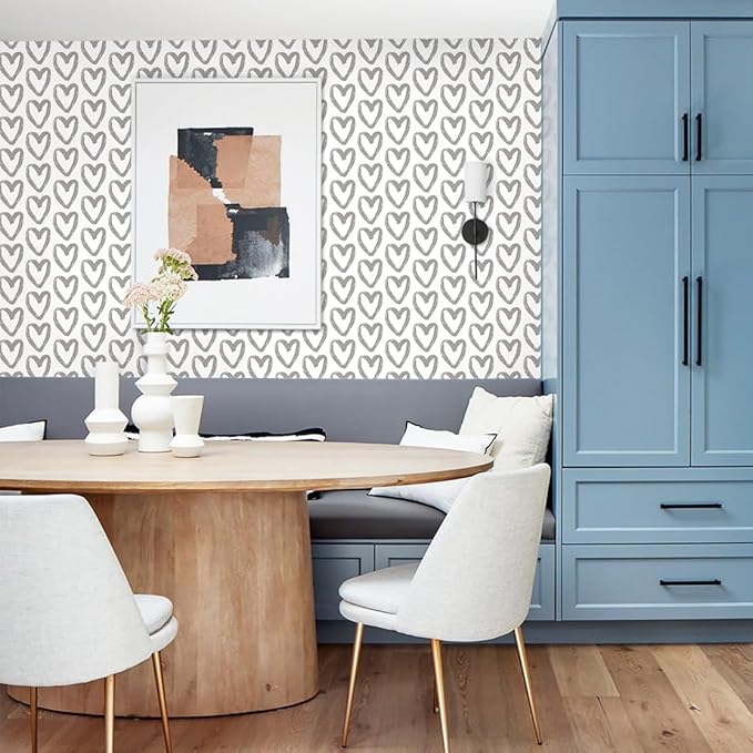 Timeet Grey and White Wallpaper Peel and Stick Wallpaper Heart Geometric Contact Paper 17.7"x393.7" Modern Self Adhesive Removable Wallpaper for Bedroom Kids Room Wall Decor Vinyl