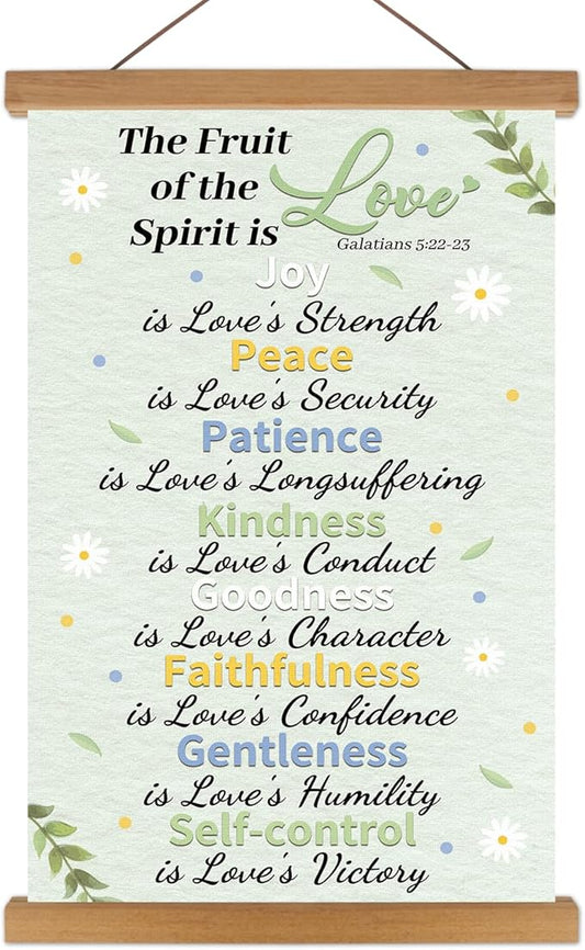 KAlRNE Fruit of The Holy Spirit Poster,Christian Wall Art,Fruit Bible Verse Canvas Hanging Kit,Inspirational Wall Decor,Motivational Poster With Wood Magnetic Hanger for Bedroom Classroom Decoration