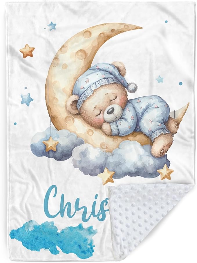 Personalized Baby Blanket with Name, Customized Blanket for Newborn Boys Girls, Sleepy Bear Theme Baby Name Blanket with Dotted Backing, Receiving Swaddle, Baby Shower Birthday Gifts(60" x80)