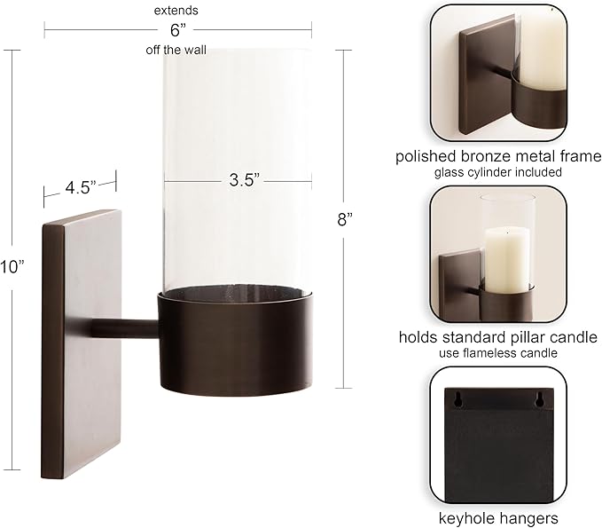 Kate and Laurel Zabler Modern Metal Wall Sconce, 5 x 6 x 10, Bronze, Round Candle Holder with Removable Glass Cylinder for Flameless Candle Display in Bedroom or Bathroom