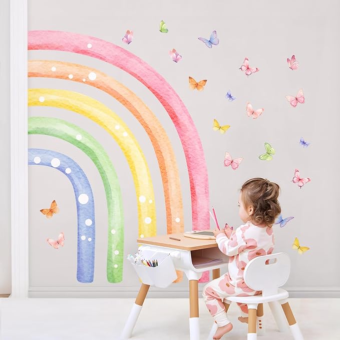 H53.9 Large Watercolor Rainbow Wall Decals, Half Rainbow Wall Stickers Peel and Stick Mural for Girls Boys Nursery Kids Room Home