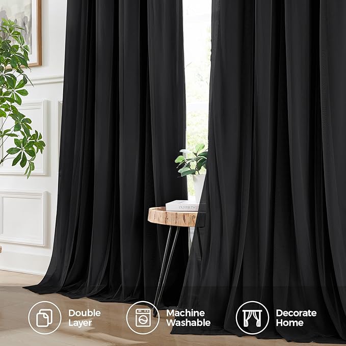 100% Blackout Curtains for Bedroom, Double Layer Black Curtains, Black Out Curtain 84 inch Long with Sheer Overlay for Living Room, Room Darkening Window Drapes with Grommet, 52" W x 84" L