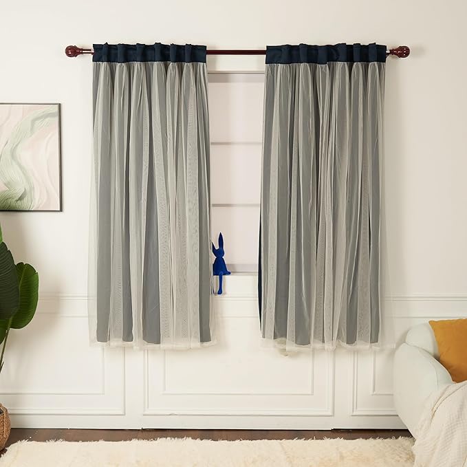 INLINAS Navy Blue Blackout Curtains with Sheer Overlay - Back Tab and Rod Pocket Thermal and Noise Reduction Panels for Bedroom and Living Room Light Blocking and Energy Saving, 52 x 63 Inch, Set of 2