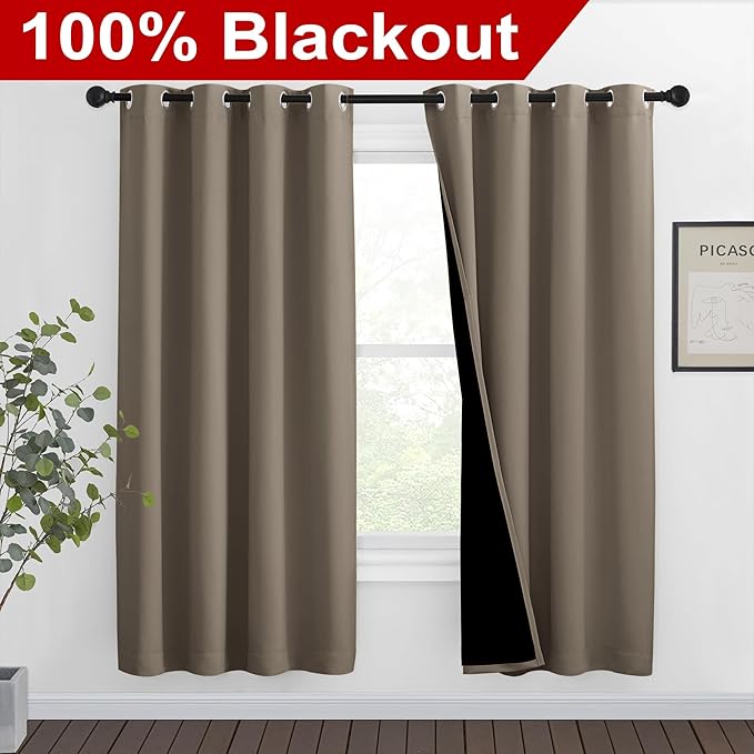 NICETOWN Taupe Full Shade Curtain Panels, Pair of Thermal Insulated & Energy Efficiency Blackout Curtains for Living Room Windows, Lined Silky Performance Window Dressing (46" Wide x 72" Long, Taupe)