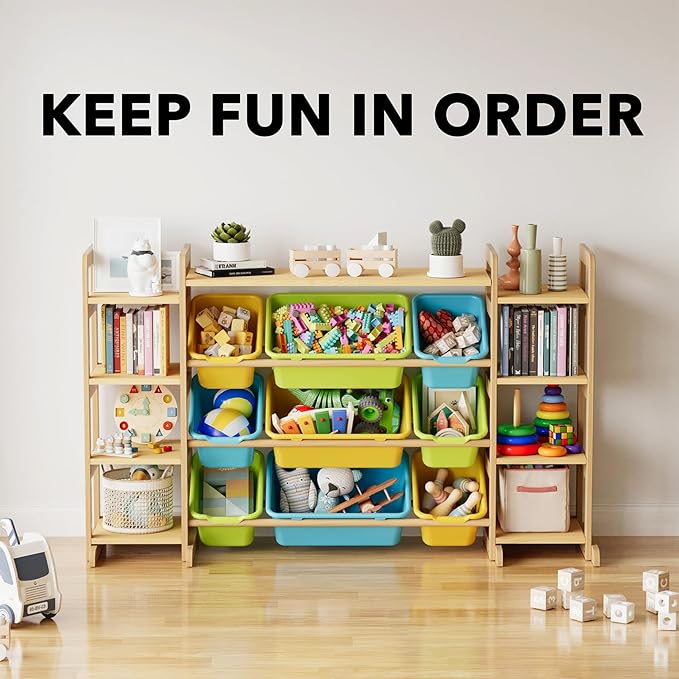 SpaceAid Large Toy Storage Organizer 9 Shelves 9 Bins, Toy Organizers Storage Bookshelf, Kids Bin Shelf Toys Box Bookcase for Bedroom Playroom Organization Room Decor, Multi-Colored