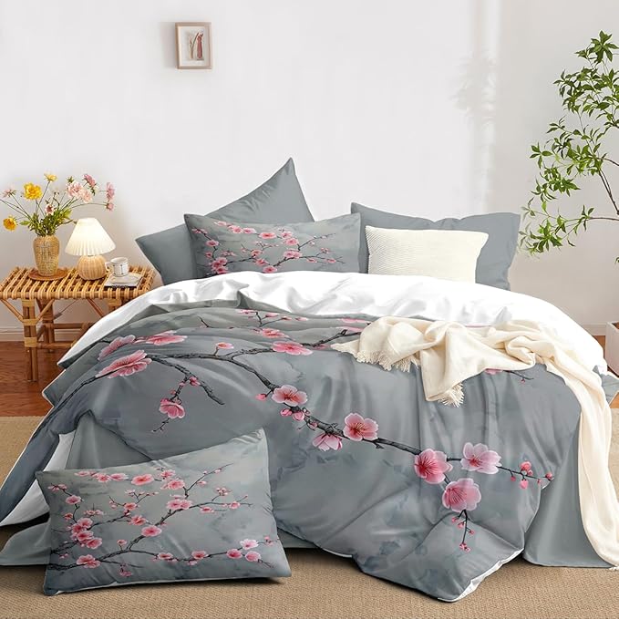 Grey Pink Cherry Blossom Duvet Cover Full Size Japanese Cherry Blossoms Duvet Cover Set Vintage Floral Bedding Set Soft Microfiber Comforter Cover(2 Pillowcases, No Comforter)