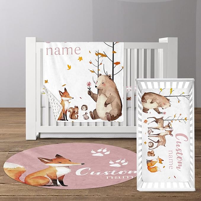 Custom Baby Crib Bedding Set - Fox Sika Deer Design Personalized Name Baby Nursery Bedding 3 Pcs Set - Chic Soft Blanket, Fitted Sheet, Room Rug for Newborns Boys Girls Gifts