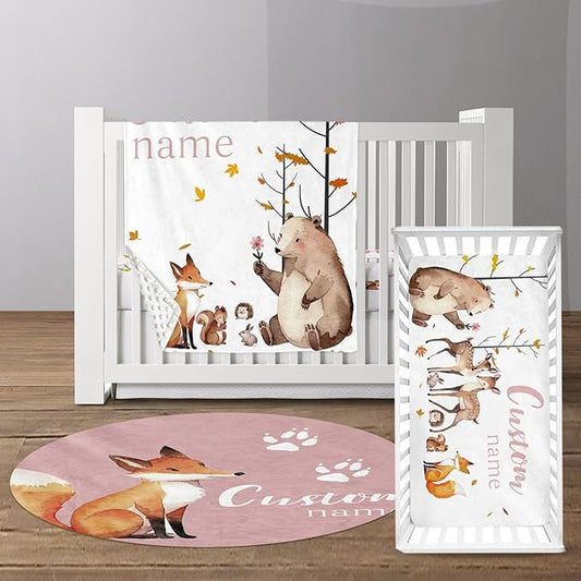 Custom Baby Crib Bedding Set - Fox Sika Deer Design Personalized Name Baby Nursery Bedding 3 Pcs Set - Chic Soft Blanket, Fitted Sheet, Room Rug for Newborns Boys Girls Gifts